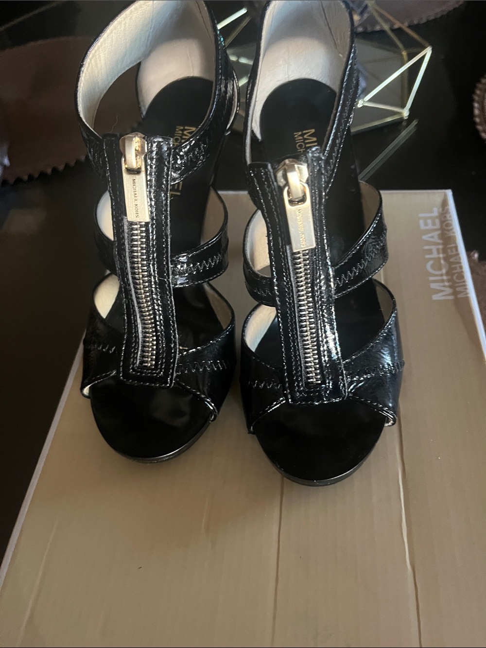 Michael Kors Black Patent Leather Front-Zip Strappy Heels